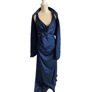 Sophia Tolli Elegant Navy Blue Evening Gown With Beaded Shoulders & Matching Wra